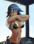  1girl ahoge artist_name bikini black_bikini blue_hair blush breasts brown_eyes cleavage cowboy_shot crossed_arms denim denim_shorts hair_between_eyes kami_mitsugu_(kamiken) looking_at_viewer midriff navel open_clothes open_shorts original short_hair shorts sky solo stomach swimsuit undressing wet wet_clothes wet_hair 