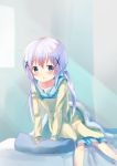  1girl :o arm_support bed bed_sheet blanket blue_eyes blue_hair blush collarbone gochuumon_wa_usagi_desu_ka? hair_ribbon highres indoors kafuu_chino leaning_forward light_rays long_sleeves looking_at_viewer nightgown on_bed parted_lips pillow piripun ribbon signature solo twintails waking_up window x_hair_ornament 
