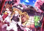  2girls :o architecture ascot bow braid carrying_over_shoulder cherry_blossoms detached_sleeves east_asian_architecture grin hair_ornament hair_tubes hairclip hakurei_reimu hakurei_shrine hat hat_bow jianren kirisame_marisa long_hair looking_at_viewer mountain multiple_girls over_shoulder petals puffy_short_sleeves puffy_sleeves sack short_sleeves single_braid smile touhou witch_hat 