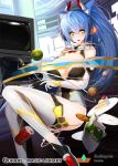  1girl animal_ears blue_hair blush breasts cake cookie floating food huge_breasts mecha_musume potato_chips qurare_magic_library sitting smile snowball22 soda_can solo yellow_eyes 
