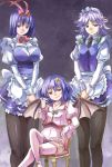  3girls bat_wings blue_eyes blue_hair braid breasts chair choker crossed_legs dress_shirt fang hair_ribbon hand_on_hip heart hips izayoi_sakuya looking_at_viewer maid maid_headdress multiple_girls nagae_iku necktie no_hat pantyhose pink_legwear puffy_sleeves red_eyes remilia_scarlet ribbon ribbon_choker shirt short_hair silver_hair sitting slit_pupils smile thigh-highs touhou twin_braids wings yohane 