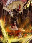  2girls back back_cutout bat_wings blonde_hair blue_hair blurry burning chain colored_eyelashes crystal dress fire flandre_scarlet from_behind full_body hat hat_removed headwear_removed highres ko_kita looking_at_viewer looking_back mob_cap multiple_girls open_mouth profile puffy_sleeves red_eyes remilia_scarlet ribbon sash shirt short_hair short_sleeves side_ponytail spear_the_gungnir touhou vest wings wrist_cuffs 