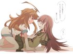  2girls ahoge blush brown_eyes brown_hair from_side hand_on_another&#039;s_chest kantai_collection kuma_(kantai_collection) long_hair looking_at_another lying multiple_girls on_back ooi_(kantai_collection) open_mouth salve_(8947279) school_uniform serafuku serious translation_request 