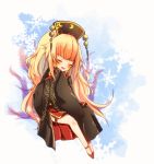  1girl big_hair black_dress blush chinese_clothes closed_eyes dress energy fox_tail hat highres junko_(touhou) legs long_hair multiple_tails open_mouth ribbon shoes side_slit snowflakes solo tabard tail teeth thigh_strap thighs tongue touhou varyu very_long_hair wide_sleeves 