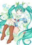  1girl blue_eyes boots brown_boots capelet chobi_(penguin_paradise) flower full_body fur_trim green_hair hairband hatsune_miku headset holding knee_boots knees_up lily_of_the_valley long_hair long_sleeves looking_at_viewer smile snowflake_print snowflakes solo treble_clef twintails very_long_hair vocaloid yuki_miku 