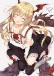  1girl ^_^ black_legwear black_skirt blonde_hair blush closed_eyes flower granblue_fantasy grey_background head_wings laughing long_hair pointy_ears rose signature simple_background skirt smile solo thigh-highs vampy yatsu_(sasuraino) 