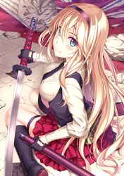  1girl blonde_hair blue_eyes blush damaged frilled_skirt frills gloves katana long_hair misaki_kurehito_(style) necktie on_floor original sitting skirt smile solo sword thigh_strap very_long_hair wariza weapon yukikaze_(aaassszzz) 