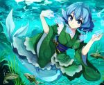  1girl bei_mochi blue_eyes blue_hair danmaku fish highres japanese_clothes kimono long_sleeves mermaid monster_girl obi sash seaweed short_hair smile solo touhou underwater wakasagihime wide_sleeves 