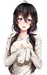  1girl :d ahoge bangs bare_shoulders beifeng_han black_hair blush breasts cleavage collarbone hair_between_eyes hair_over_shoulder hair_tie large_breasts long_sleeves looking_at_viewer low_twintails off_shoulder open-chest_sweater open_mouth original ribbed_sweater simple_background sleeves_past_wrists smile solo sweater teeth twintails upper_body violet_eyes white_background 