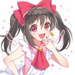  1girl ascot black_hair blush bow chobi_(penguin_paradise) finger_to_mouth hair_between_eyes hair_bow heart korekara_no_someday looking_at_viewer love_live!_school_idol_project open_mouth red_eyes short_twintails simple_background smile solo twintails white_background wings yazawa_nico 