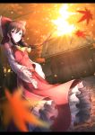  1girl absurdres ascot autumn_leaves bow brown_eyes brown_hair detached_sleeves hair_bow hair_tubes hakurei_reimu highres long_hair looking_at_viewer midriff navel solo sunset touhou waterdog wind 