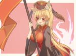  1girl animal_ears black_dress blush breasts chinese_clothes dress energy flag flagpole fox_ears fox_tail hat highres junko_(touhou) large_breasts long_hair long_sleeves multiple_tails pink_background ribbon solo tabard tail tongue touhou varyu very_long_hair violet_eyes wide_sleeves 