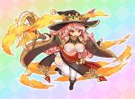  1girl braid breasts bridal_gauntlets checkered checkered_background cleavage full_body fullbokko_heroes hat large_breasts long_hair magic multicolored_background navel official_art open_mouth pink_hair red_eyes shigatake solo staff thigh-highs twin_braids white_legwear witch_hat 
