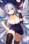 1girl ahoge alcohol ass_visible_through_thighs bangs black_legwear blue_eyes breasts choker cleavage d: dress feathers floating_hair holding_bottle jacket_on_shoulders lace-trimmed_dress large_breasts long_hair long_sleeves magic_circle open_mouth purple_dress short_dress sigma_(sword_girls) silver_hair solo strapless_dress sword_girls thigh-highs upskirt very_long_hair white_hair white_wings whoisshe wine wine_bottle wings 