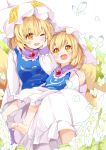  2girls animal_ears barefoot blonde_hair blush butterfly child dress dual_persona eye_contact flower fox_ears fox_tail hand_on_another&#039;s_face hat highres japa looking_at_another mob_cap multiple_girls multiple_tails orange_eyes short_hair sitting tabard tail touhou white_dress yakumo_ran younger 