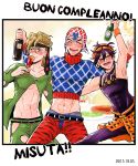  &gt;_&lt; ^_^ ^o^ abs black_hair blonde_hair cake closed_eyes crop_top cup dated drinking_glass food green_eyes guido_mista hairband happy_birthday hat highres jojo_no_kimyou_na_bouken midriff narancia_ghirga necktie necktie_on_head nezumoto open_mouth pannacotta_fugo pizza purple_hair smile sweater wine_bottle wine_glass 