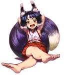  1girl animal_ears armpits arms_up barefoot black_hair cozy fox fox_ears fox_tail gradient_hair hakama japanese_clothes looking_at_viewer miko multicolored_hair open_mouth original shirt short_hair silver_hair sitting skirt smile solo tail yellow_eyes 