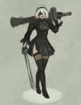  1girl black_dress black_gloves blindfold cleavage_cutout dress full_body gloves hairband holding_sword holding_weapon nier nier_automata puffy_sleeves short_hair solo sword thigh-highs tuula_rantala weapon white_hair yorha_unit_no._2_type_b 