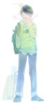  1boy backpack bag bangoul bangs black_hair choromatsu cigarette hand_in_pocket hoodie looking_to_the_side male_focus osomatsu-kun osomatsu-san pants pants_rolled_up simple_background smoke smoking solo swept_bangs white_background 