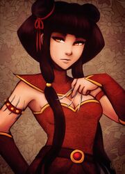  1girl arm_strap avatar:_the_last_airbender belt between_fingers black_hair breasts cleavage double_bun eyeliner gorget hair_ribbon iahfy mai_(avatar) makeup needle ribbon sidelocks solo vambraces yellow_eyes 