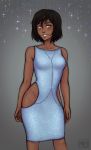  1girl alternate_hair_length alternate_hairstyle avatar:_the_last_airbender black_hair blue_dress blue_eyes blush breasts cowboy_shot dark_skin dress hip_vent iahfy korra mole no_panties pearl revealing_clothes sleeveless sleeveless_dress smile solo sparkle_print the_legend_of_korra 