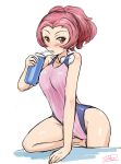  1girl bottle brown_eyes competition_swimsuit girls_und_panzer one-piece_swimsuit ponytail redhead rosehip short_hair solokov_(okb-999) swimcap_removed swimsuit water_bottle 