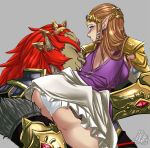  1boy 1girl ass back_cutout blue_eyes blush breasts brown_hair closed_eyes earrings eyebrows female forehead_jewel ganondorf girl_on_top grey_skin hair_ribbon headgear hetero hug inuki_(aruurara) jewelry lips long_hair male nose panties pantyshot pointy_ears princess_zelda redhead ribbon sideburns the_legend_of_zelda the_legend_of_zelda:_twilight_princess thick_eyebrows tiara underwear upskirt vambraces white_panties 