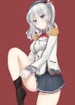  1girl adjusting_clothes adjusting_legwear artist_request beret black_legwear blue_eyes blush breasts buttons epaulettes gloves hat highres kantai_collection kashima_(kantai_collection) kerchief large_breasts leg_up long_hair military military_uniform miniskirt sidelocks silver_hair skirt socks solo tsurime twintails uniform wavy_hair white_gloves 