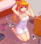  1girl armpits bare_shoulders barefoot blue_eyes cellphone chemise collarbone feet glasses glasses_removed hair_dryer handheld_game_console long_hair mouth_hold orange_hair original phone playstation_vita ponytail sitting smartphone smile soles solo toes wariza 