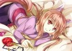  1girl animal_ears bed brown_hair holo long_hair looking_at_viewer lying on_side pouch red_eyes sky smile solo spice_and_wolf tail wolf_ears yivlen 