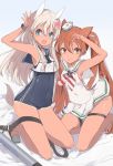  2girls :3 :d agu animal_ears blonde_hair blue_eyes brown_eyes covered_navel dress fang flower hair_between_eyes hair_flower hair_ornament hat highres kantai_collection kneeling libeccio_(kantai_collection) long_hair looking_at_viewer mini_hat multiple_girls open_mouth panties ro-500_(kantai_collection) sailor_dress school_swimsuit sleeveless sleeveless_dress smile swimsuit tan tanline thigh_strap twintails underwear white_panties wristband 