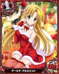  1girl ahoge artist_request asia_argento bishop_(chess) blonde_hair box card_(medium) character_name chess_piece covered_nipples elbow_gloves gift gift_box gloves green_eyes hat high_school_dxd long_hair mini_top_hat official_art red_legwear sack santa_costume thigh-highs top_hat trading_card very_long_hair 