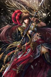  1girl black_legwear brown_hair dragon feathers hair_ornament highres long_hair looking_at_viewer midriff navel official_art original pengnangehao polearm red_eyes skirt smile spear thigh-highs very_long_hair weapon wide_sleeves 