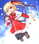  1girl alternate_costume black_legwear blonde_hair blue_background blush boots breath capelet crystal dress dutch_angle flandre_scarlet full_body hair_ornament hair_ribbon jumping long_sleeves misoshiru_(meridianchild312) no_hat open_mouth red_dress red_eyes ribbon short_hair side_ponytail smile snowing solo thigh-highs touhou wings zettai_ryouiki 