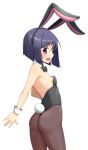  1girl alfort_(may0508) animal_ears ass bare_shoulders black_legwear blush bowtie bunny_girl bunny_tail bunnysuit detached_collar fake_animal_ears highres looking_at_viewer open_mouth original pantyhose rabbit_ears short_hair simple_background small_breasts smile solo tail violet_eyes white_background wrist_cuffs 