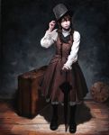  1girl black_background black_legwear braid brown_eyes clock dress full_body hand_on_headwear hat head_tilt highres imai_takahiro lace-trimmed_dress lolita_fashion long_hair looking_away mary_janes oil_painting_(medium) original pale_skin pantyhose shadow shoes solo suitcase top_hat traditional_media twin_braids umbrella wooden_floor 