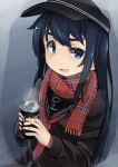  1girl akatsuki_(kantai_collection) anchor_symbol aqua_eyes black_hair blush can canned_coffee coffee flat_cap hair_between_eyes hat highres jacket kantai_collection long_hair nabeo neckerchief open_mouth scarf school_uniform serafuku solo 