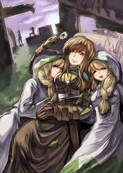  2boys 3girls ajyu_(koya) blonde_hair brown_eyes brown_hair closed_eyes final_fantasy final_fantasy_tactics flower gloves leaf long_hair lying milleuda_folles multiple_boys multiple_girls sleeping sword thief_(fft) twintails weapon white_mage white_mage_(fft) 