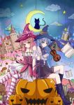  2girls back-to-back black_cat blush book bow candy candy_cane cat clouds crescent doughnut female food hat hat_bow instrument jack-o&#039;-lantern jianren lollipop looking_at_viewer multiple_girls original recorder siblings sitting smile twins violin witch witch_hat 