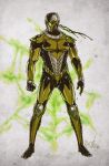  1boy armor cyborg cyrax fezat gloves green_eyes marker_(medium) mask mechanical_arm mixed_media mortal_kombat robotic_legs robotic_parts solo traditional_media 