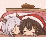 2girls black_gloves blush closed_eyes closed_mouth commentary fingerless_gloves gloves hair_ornament heart heart_background kantai_collection kotatsu long_hair lying multiple_girls on_stomach remodel_(kantai_collection) shigure_(kantai_collection) smile table umikaze_(kantai_collection) under_kotatsu under_table zayaku_(zayakuzazai) 