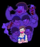  6+boys apron barista black_background black_hair brothers bug_spray choromatsu cigarette crying cup eating employee_uniform heart heart_in_mouth hoodie ichimatsu jyushimatsu karamatsu male_focus messy_hair mug multiple_boys osomatsu-kun osomatsu-san osomatsu_(osomatsu-kun) parfait sextuplets siblings simple_background spoon todomatsu uniform upper_body 