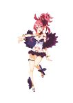  1girl :d bracelet breasts cleavage crown disgaea feather_boa full_body harada_takehito highres jewelry makai_senki_disgaea_5 miniskirt necktie official_art open_mouth pink_hair pointy_ears ponytail sandals seraphina_(disgaea) shoes short_hair skirt smile solo standing_on_one_leg transparent_background violet_eyes 