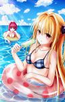  2girls bikini blonde_hair blue_eyes braid breasts cleavage konjiki_no_yami kurosaki_mea long_hair multiple_girls partially_submerged red_eyes redhead swimsuit to_love-ru to_love-ru_darkness xyomouse 