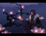  1boy alternate_costume alternate_hairstyle auausaikou blurry closed_mouth coat commentary depth_of_field flower fur_collar glowing hair_between_eyes hair_down highres kamui_gakupo letterboxed long_hair long_sleeves male_focus night outdoors outstretched_hand purple_hair reaching solo traditional_clothes tree vocaloid water wide_sleeves 