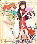  2girls amagi_yukiko black_hair bracelet breasts brown_eyes bun_cover china_dress chinese_clothes cleavage double_bun elbow_gloves fan fighting_stance flower gloves hair_flower hair_ornament high_heels highres jewelry multiple_girls nabekokoa one_leg_raised open_mouth paper_fan persona persona_4 red_eyes satonaka_chie short_hair side_slit smile 