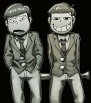  &lt;o&gt;_&lt;o&gt; 2boys arms_behind_back baseball_bat black_background bowl_cut brothers choromatsu cowboy_shot formal grin hands_in_pockets hono1212 jyushimatsu monochrome multiple_boys necktie open_mouth osomatsu-kun osomatsu-san siblings simple_background smile suit 