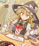  1girl blonde_hair blush_stickers braid cup drinking_glass food fruit hat ice_cream kirisame_marisa long_hair miyo_(ranthath) parfait solo_focus strawberry touhou witch_hat yellow_eyes 