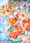  1girl blonde_hair crystal dutch_angle flandre_scarlet flower hair_ribbon hat lakestep55 looking_at_viewer mob_cap open_mouth puffy_sleeves red_eyes ribbon rose shirt short_sleeves side_ponytail skirt skirt_set smile solo text touhou vest wings wrist_cuffs 