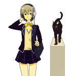  1girl bag bookbag cat grey_hair headphones kyouno_rhythmy plaid plaid_skirt regain school_uniform skirt solo tokimeki_memorial tokimeki_memorial_4 